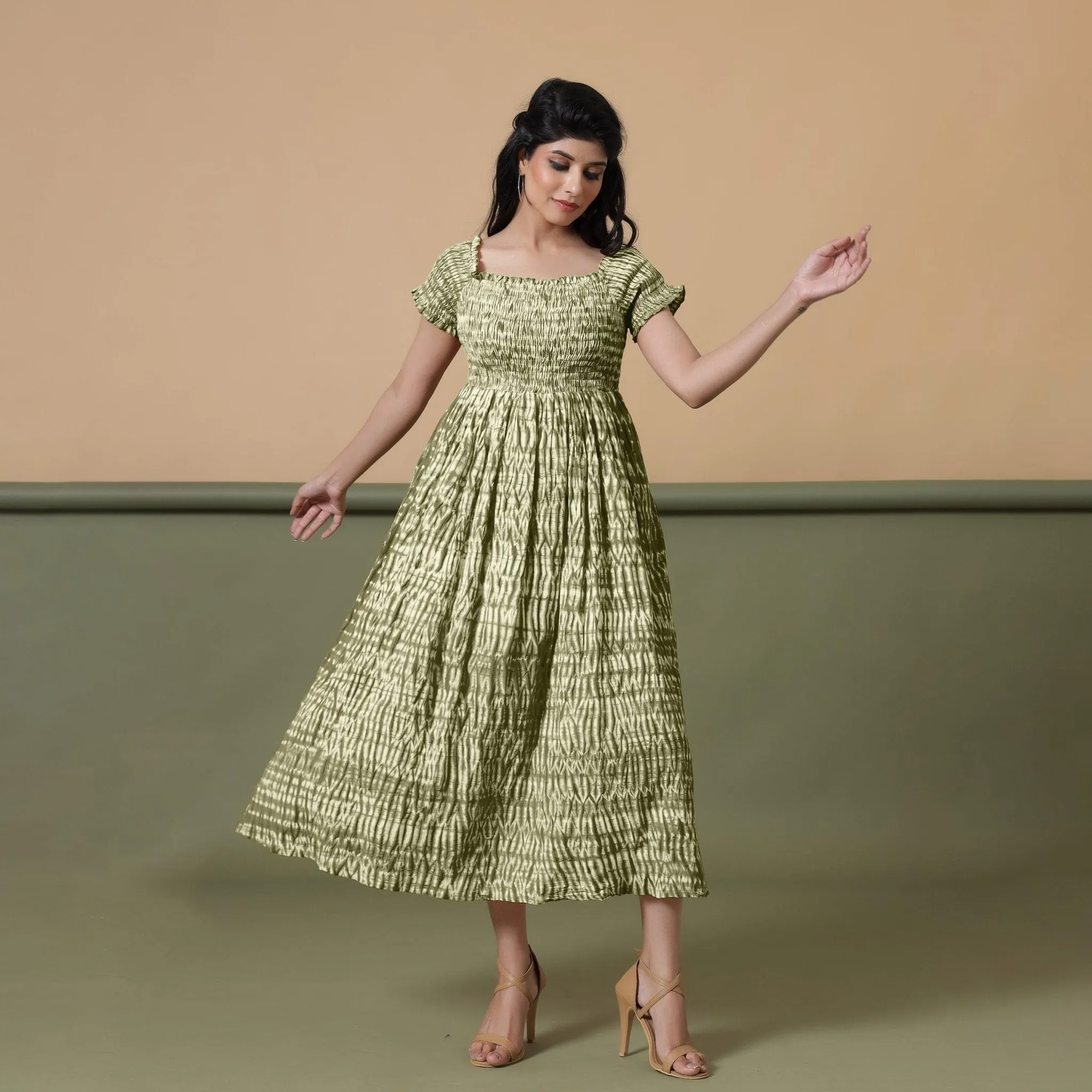 Sage Green Shibori Tie-Dye Cotton Maxi Gathered Dress