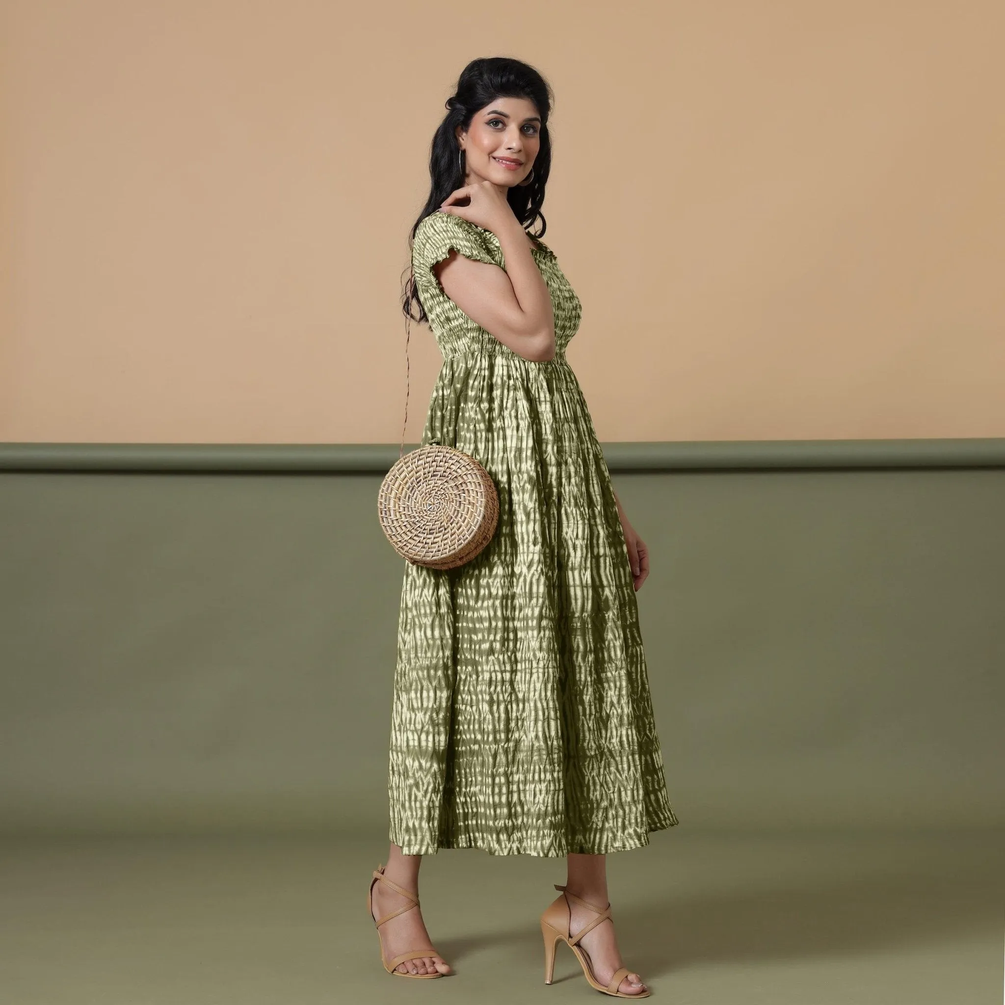 Sage Green Shibori Tie-Dye Cotton Maxi Gathered Dress