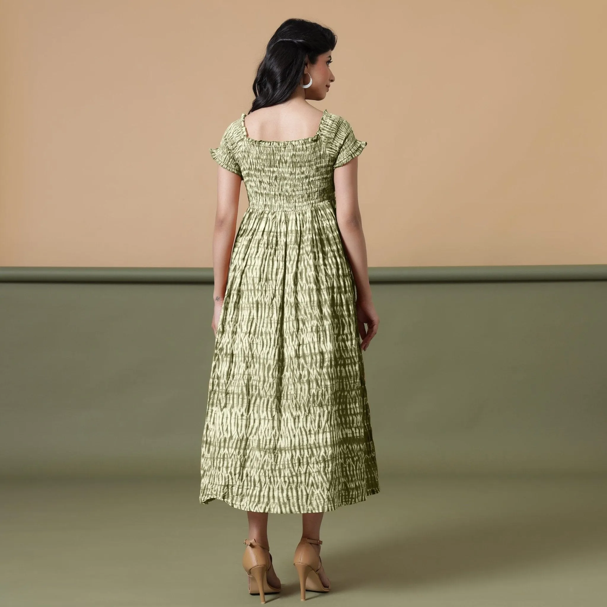 Sage Green Shibori Tie-Dye Cotton Maxi Gathered Dress