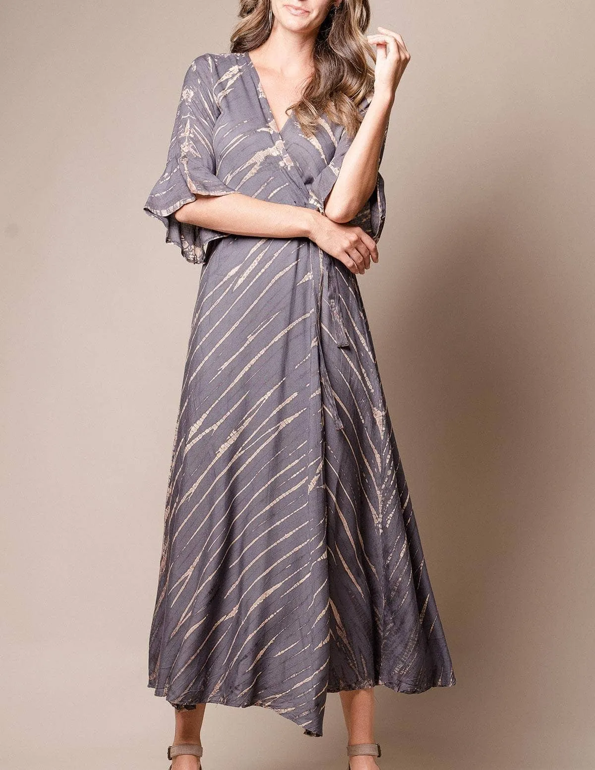 Shibori Tie-Dye Wrap Dress - Grey