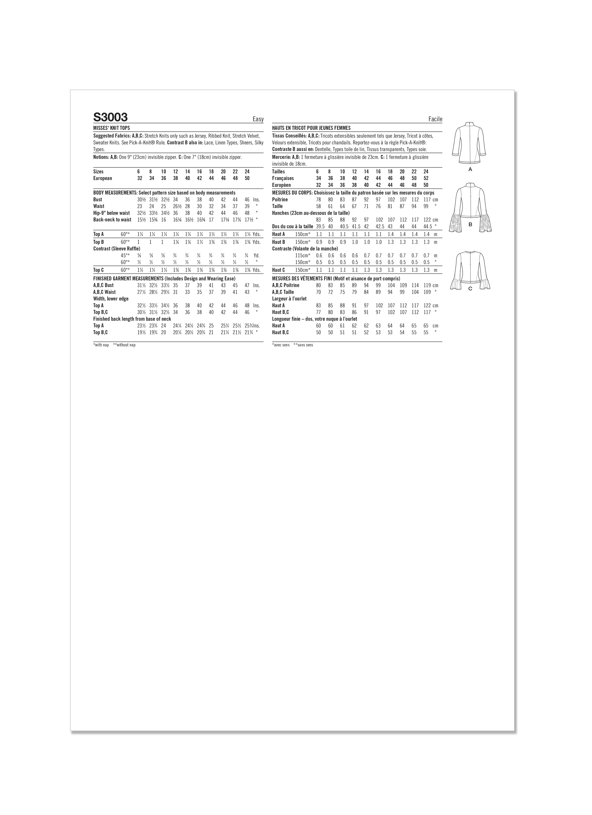 Simplicity Sewing Pattern 3003 Knit Tops
