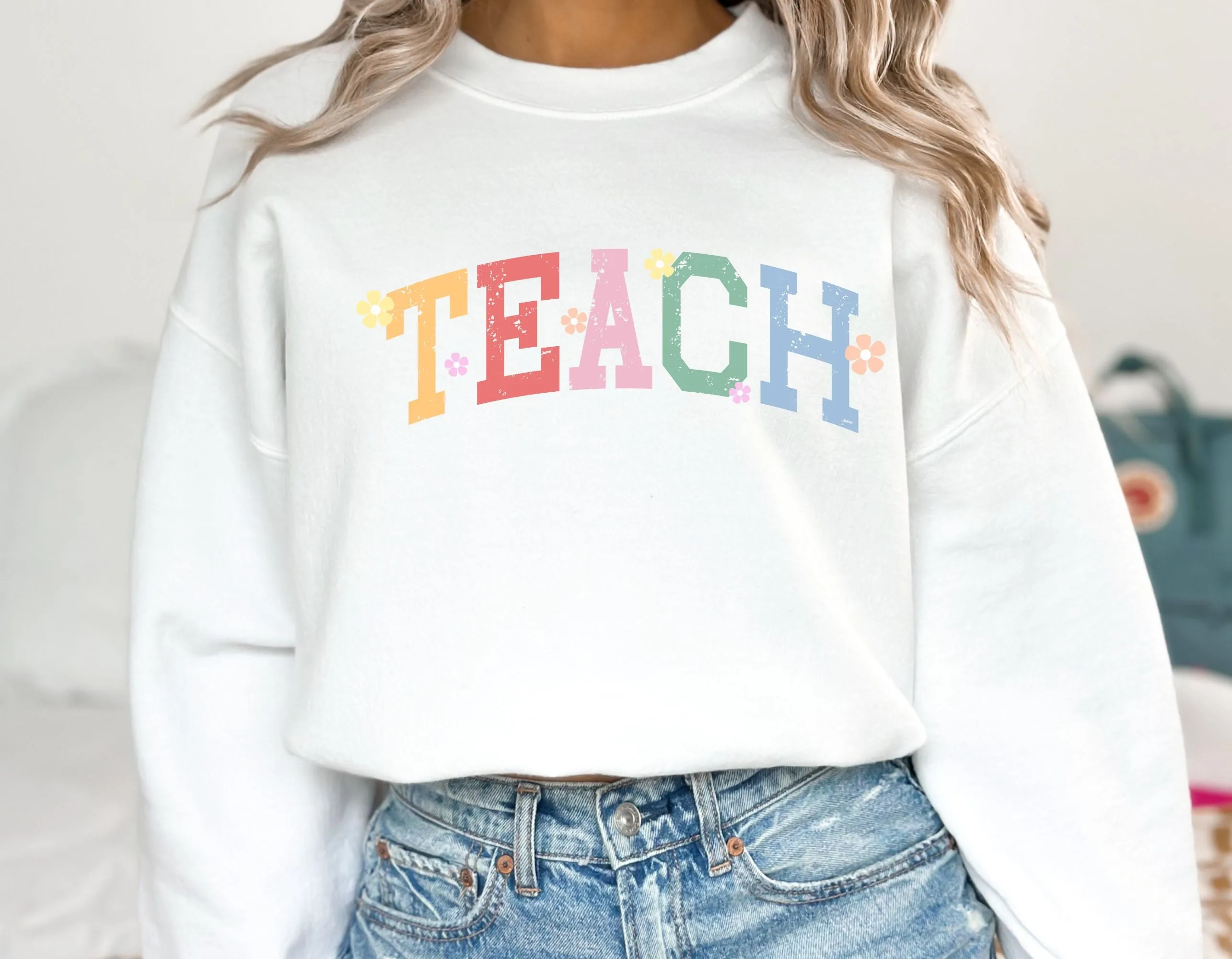 Spring Teacher Sweatshirt, Floral TEACH crewneck, Varsity Teacher sweatshirt, Gilden 18000 gift for teacher