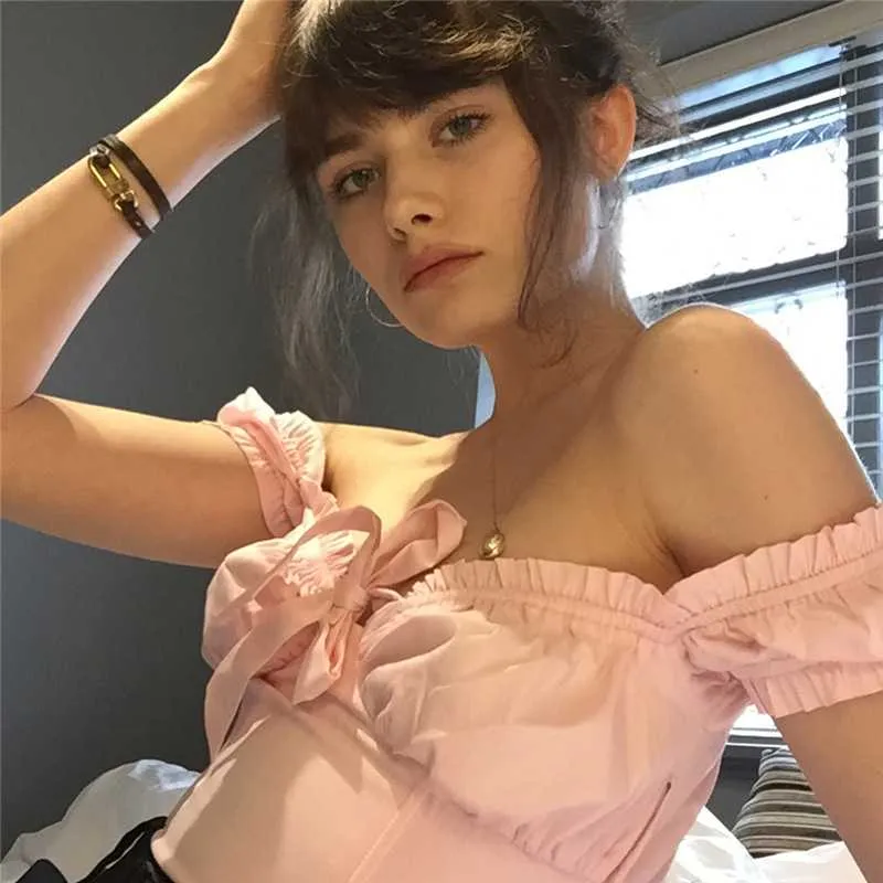 Tie Front Bustier Short Sleeve Ruffle Blouse Shirt