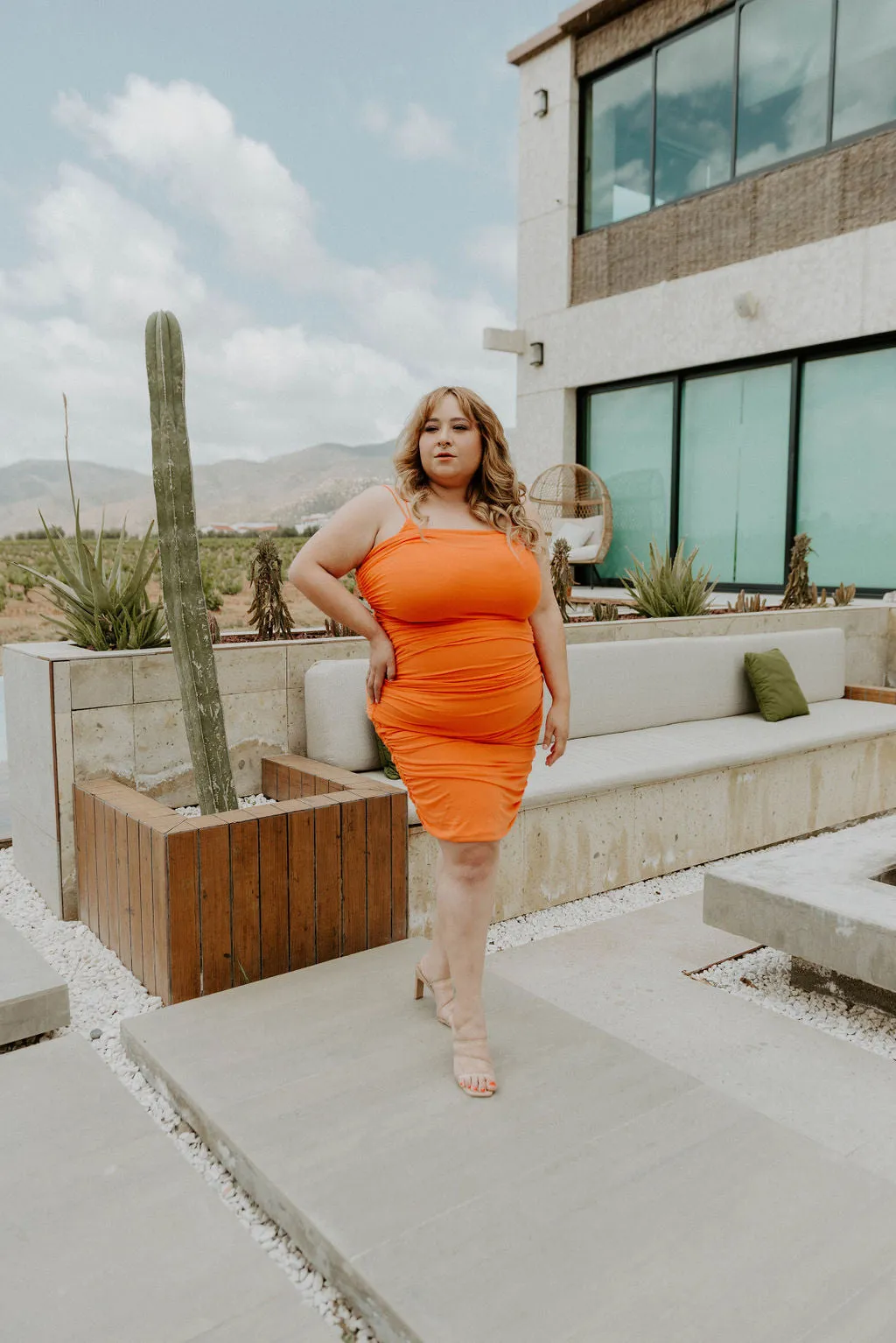Too Hot To Handle Orange Ruched Plus Size Midi Dress