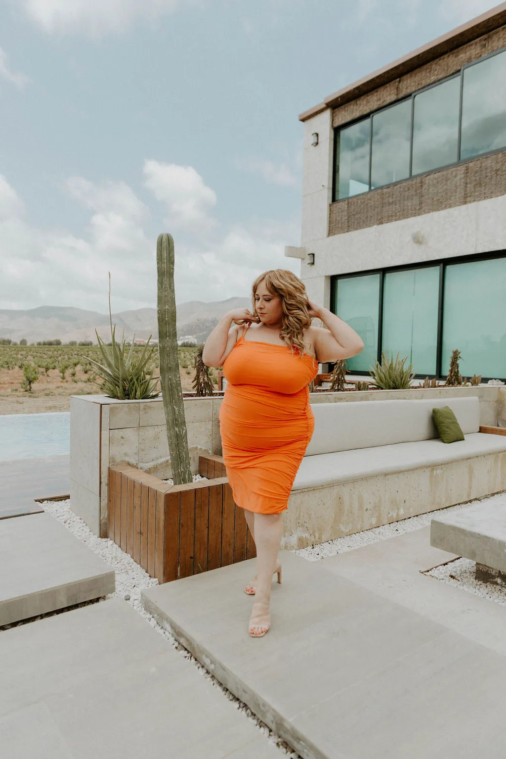 Too Hot To Handle Orange Ruched Plus Size Midi Dress