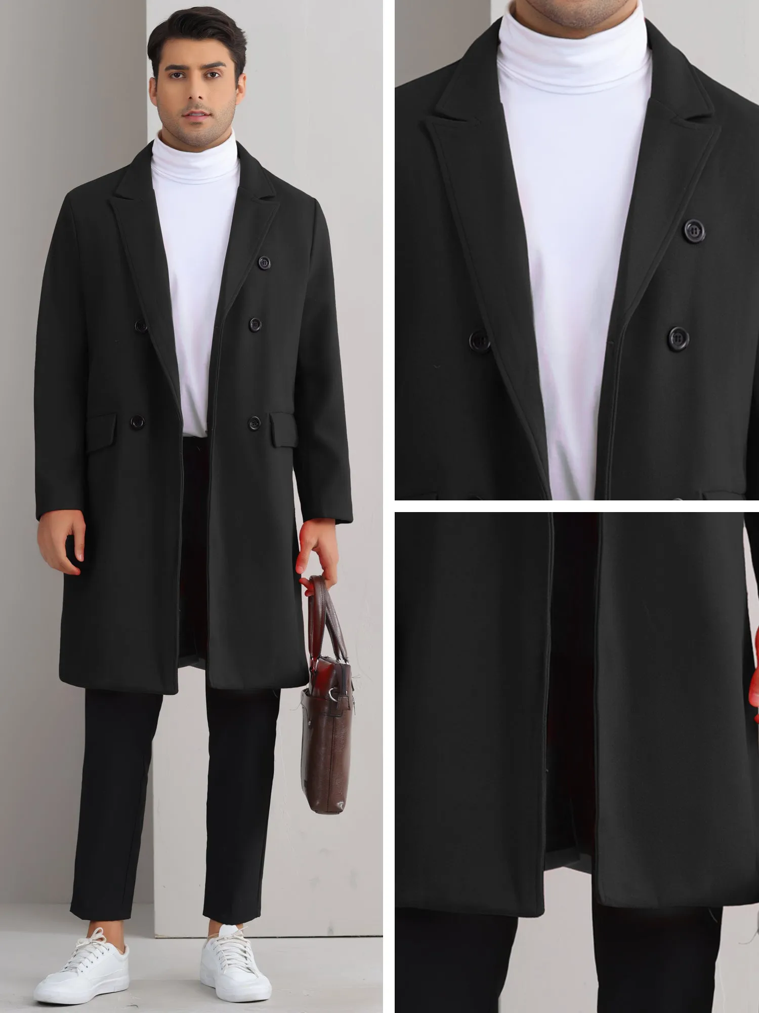 Trench Coat for Men's Double Breasted Notched Lapel Formal Long Winter Coats