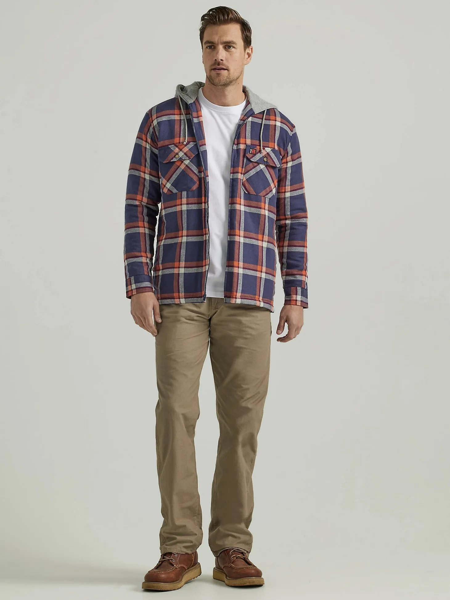 WRANGLER® RIGGS WORKWEAR® LONG SLEEVE HOODED FLANNEL WORK JACKET IN NAVY ORANGE