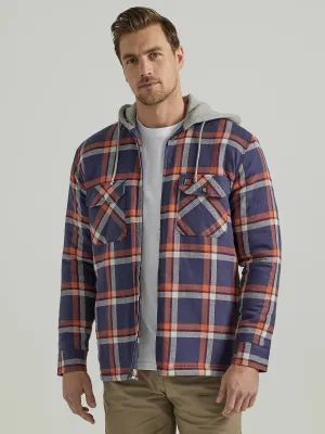WRANGLER® RIGGS WORKWEAR® LONG SLEEVE HOODED FLANNEL WORK JACKET IN NAVY ORANGE