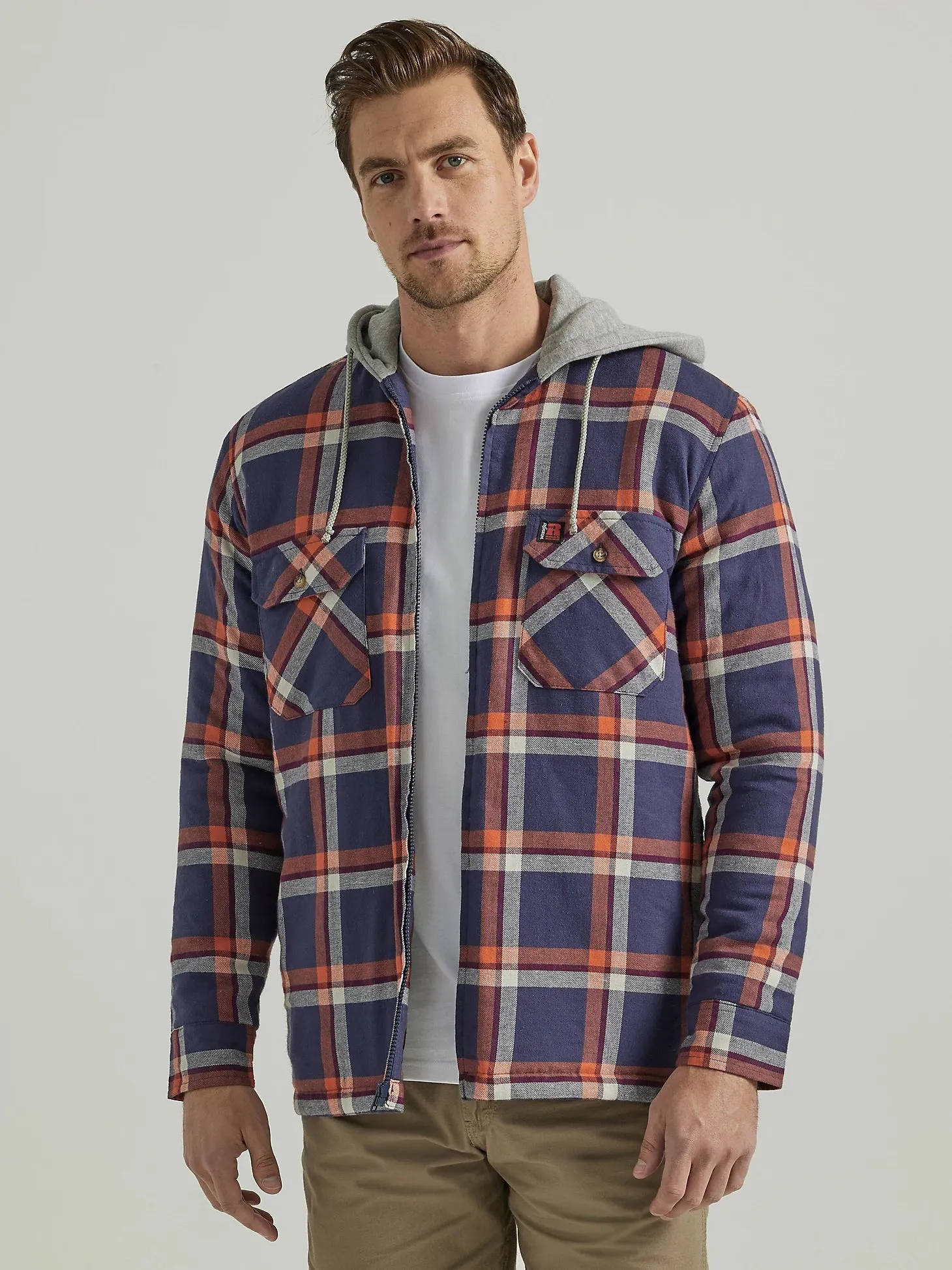 WRANGLER® RIGGS WORKWEAR® LONG SLEEVE HOODED FLANNEL WORK JACKET IN NAVY ORANGE